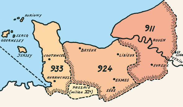 &#8200;Carte montrant la formation de la Normandie à partir du comté de Rouen.&#8200;(Heimdal.)