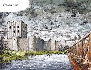 Cette illustration de Woehrel extraite de l’album Les Fils de Guillaume 1 - L’Héritage, présente Rouen en 1123 depuis le Grand Pont. La Tour édifiée par Richard Ier ne se trouvait pas à l’angle sud-est. Cette erreur est due à une confusion avec l’ancien palais carolingien, qui fut ensuite le palais de Rollon et de ses successeurs, édifié effectivement au sud-ouest. Cependant, cette illustration nous donne une bonne idée de l’allure de la cité depuis la Seine. (© Assor BD)