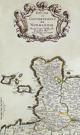 Carte du duché et gouvernement de Normandie par Sanson d’Abbeville (1600-1667) vers 1650. Détail des Îles Anglo-Normandes Jersey et Guernesey au large de la presqu’île du Cotentin. De par leur situation géographique et historique, ces deux îles sont le receptacle du droit normand et à ce titre ont conservé l’usage et l’application du haro jusqu’à l’époque moderne. (© Patrimoine Normand.)