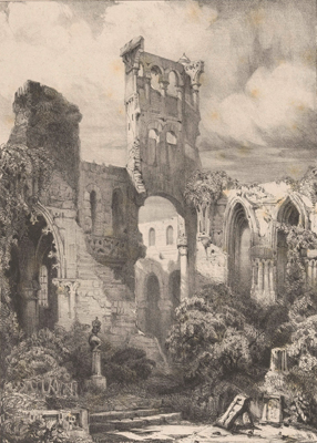 Les ruines de l’abbaye de Jumièges en 1836. La belle abbatiale romane a été dévastée et la plupart des bâtiments conventuels ont déjà disparu, à commencer par le cloître du XVIe siècle. (Gravure de Léon Auguste Asselineau d’après original de Clément Auguste Andrieux, 1836, 44,5 × 29,9 cm. Rijksmuseum d’Amsterdam - www.rijksmuseum.nl)