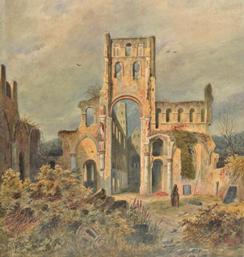 Aquarelle, ruine de l’abbatiale vue depuis l’est, extrait de la collection Louis Deglatigny, dessin d’Eustache Bérat (1792-1884). (© Bibliothèque municipale de Rouen. Est. T. Degl 133)