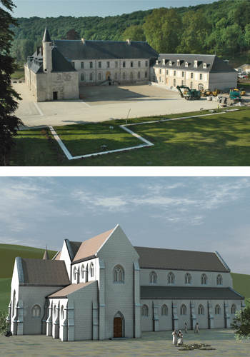 Vue depuis le nord-est : l’abbaye a perdu son abbatiale, dont l’emprise est marquée au sol. (© Érik Follain) ; Restitution de l’abbatiale cistercienne avec son chevet plat. (3D © Érik Follain)