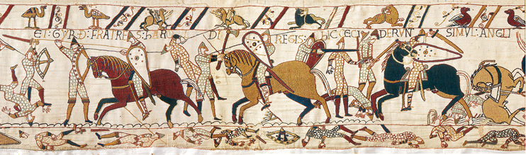 La bataille fait rage. Le premier choc est terrible, lances et écus sont au contact (Tapisserie de Bayeux, XIe siècle. « Avec l’autorisation de la ville de Bayeux »).