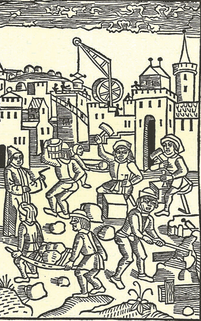 Les ouvriers compagnons surveillés par le maître d’œuvre (avec son équerre) sur un chantier médiéval. Gravure sur bois. (DR)
