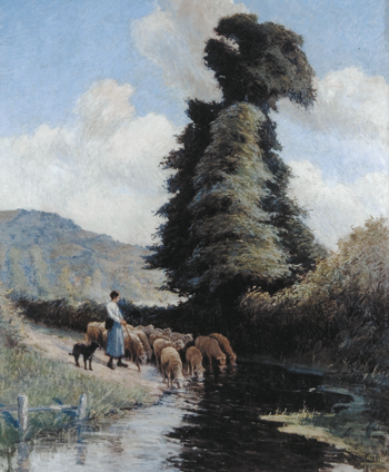 Bergère et son troupeau à Clécy, Jules Rame (Ouézy, 1855-1927). ( Peindre en Normandie, CID, 2005)