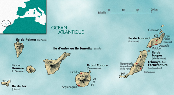 Les Canaries sont au large des côtes de l’Afrique. Les noms sont ceux donnés par les conquérants normands dans le « Canarien » et, entre parenthèses, les noms actuels. (Carte Franck Richard © Patrimoine Normand.)