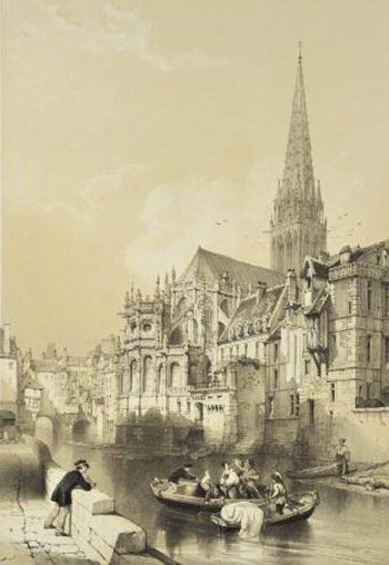 Chevet de l'église Saint-Pierre de Caen sur l'Odon, XIXe siècle, par Georges Bouet. (DR)
