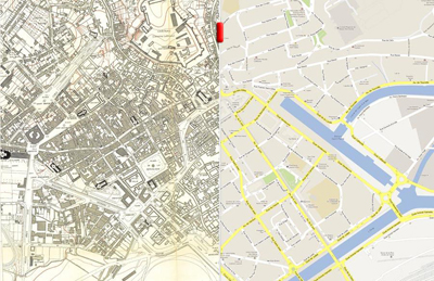 Comparaison entre le parcellaire d’avant-guerre et le plan actuel afin d’appréhender les transformations du tissu urbain. (© Cadomus)
