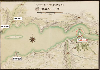 Alors qu’au niveau d’Honfleur l’estuaire fait cinq kilomètres de large, le chenal ne mesure même pas une centaine de mètres au niveau de Quillebeuf. Carte des environs de Quillebeuf. (© BnF-GESH18PF37DIV3P7D)