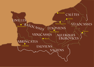 Répartition des peuples dans l'actuelle Normandie. En jaune, quelques-uns des principaux oppida. (© Patrimoine Normand)