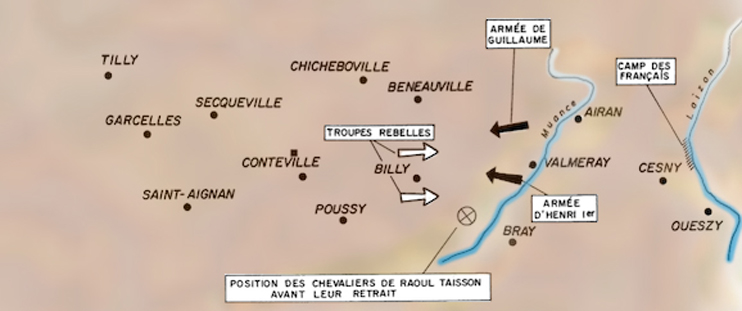 Situation probable des forces en présence avant l'affrontement du Val-ès-Dunes (© Patrimoine Normand)