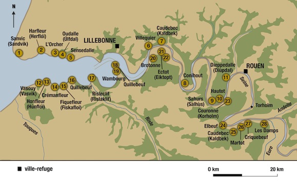 Les premiers établissements scandinaves dans la vallée de la Seine ; ils ont été recensés au nombre de vingt-huit par Jacques Le Maho (© Heimdal d’après Jacques Le Maho).