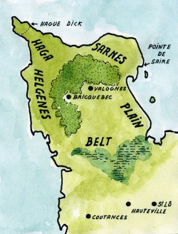 Dans le douaire de la duchesse Judith, datant de 1024, nous trouvons mention de districts aux noms scandinaves dans le Nord-Cotentin : Haga, Sarnes et Helgenes. Le premier se comprend aisément, il s’agit de la Hague. Le second signifie « Pointe de Saire », soit le nom scandinave du Val de Saire ; un cap est un élément de paysage plus évocateur pour ces marins. Il y a d’ailleurs sur Réville un lieu-dit appelé la Croix au Sarnais ! Enfin, le Helgenes (prononcer : Hélgueuness) signifiant le «cap de Helgi » ou le « Cap sacré » désignerait le Cap de Flamanville. Le nom de personne scandianve Helgi est d’ailleurs attesté dans le secteur par deux noms de lieux : Herqueville et Herquemoulin. Enfin, Fernand Lechanteur pensait que le nom du Bauptois était issu du scandinave belt ou belti désignant une ceinture ; cette région est effectivement une ceinture de terrain bordée par les marais coupant la base de la Presqu’île. Quant au Plain, c’est un nom d’origine romane et la forêt de Brix couvrait alors une partie de la presqu’île (Carte G. Bernage, Heimdal).