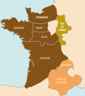 L'empire Plantagenêt sur le continent (en marron) et les terres propres du roi de France (en doré). Les comtés de Toulouse et d'Auvergne sont disputés entre les deux partis. (© Patrimoine Normand)