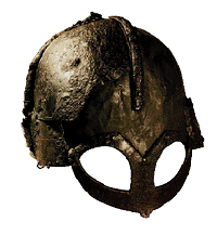 Le casque retrouvé à Gjermundbu au Danemark, daté du Xe siècle. C’est le seul exemple de casque de la période viking, naturellement sans cornes. Celui-ci est dit “à lunettes”, en raison de sa protection faciale. Au XIe siècle, les Scandinaves adopteront aussi le casque à nasal. (Nationalmuseet)