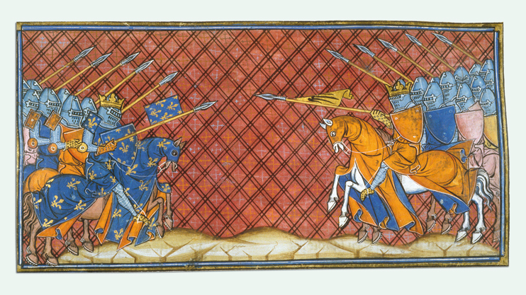 Représentation d’un combat entre Charles le Chauve et ses frères. La division entre les petits-fils de Charlemagne facilita les raids vikings. Grandes chroniques de France. (© The British library, Ms Royal 16 G VI, fol. 219, France, entre 1332 et 1350)