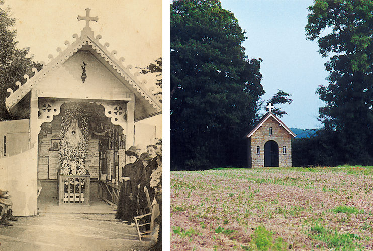 Tilly-sur-Seulles - La chapelle du Très-Saint-Rosaire, en rapport avec l’autre culte de Tilly, la voyante Marie Martel. Cette chapelle fut détruite en 1944, reconstruite en dur dans les années 1950 ; à droite : la chapelle de nos jours. (Photo Isabelle Audinet © Patrimoine Normand.)