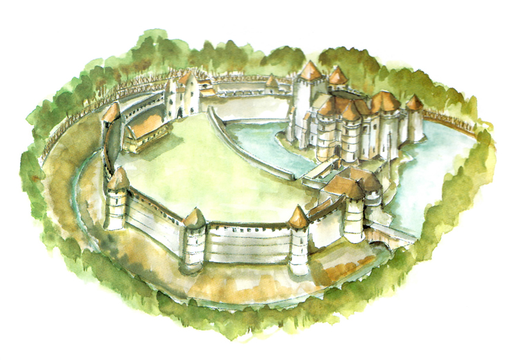 Reconstitution hypothétique du château d'Harcourt d'après J. Téaldi (Mise en couleur F. GAUTIER/ Patrimoine Normand).