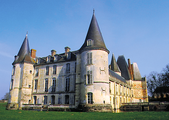 Le château est construit sur pilotis dans un étang de la Thouanne. A larrière deux tours rondes encadrent le corps de logis.