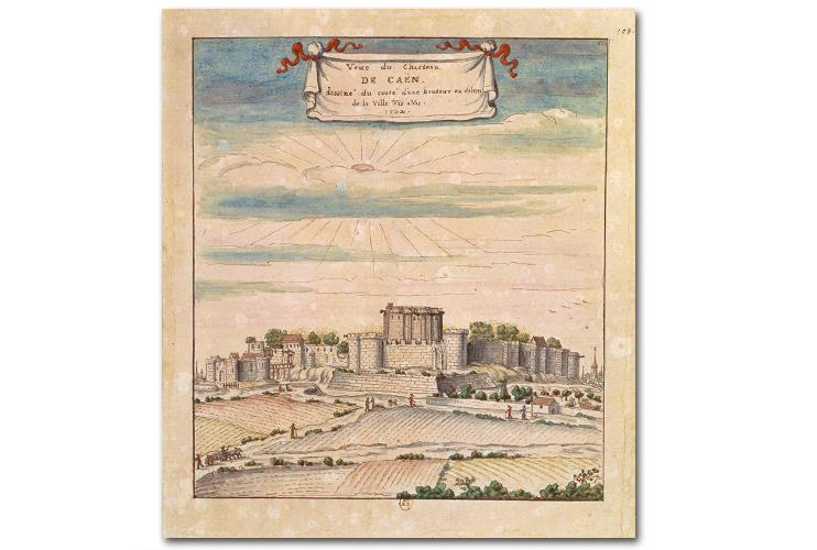 Exceptionnelle vue du donjon du château de Caen détruit au XIXe siècle. (Fonds Gaignières, 1702, BN.)