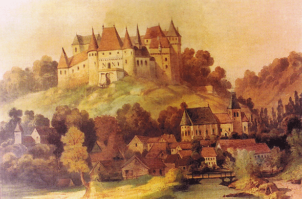 Cette peinture, que l'on peut voir dans l'aile Renaissance du château de Valmont, représente le château avec ses courtines, son pont-levis, sa barbacane et sa chapelle qui furent détruits au début du siècle dernier. Il ne reste plus aujourd'hui que la moitié de ce château. Les deux ailes qui dominent la vallée (DR - photo Eric Bruneval).