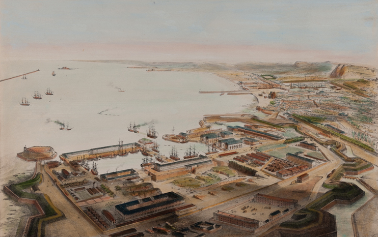 Cherbourg, vue prise au-dessus du port militaire ; Voyage aérien en France. Par?Guesdon Alfred. Estampe du XIXe siècle (© Musée Thomas Henry - Cherbourg).