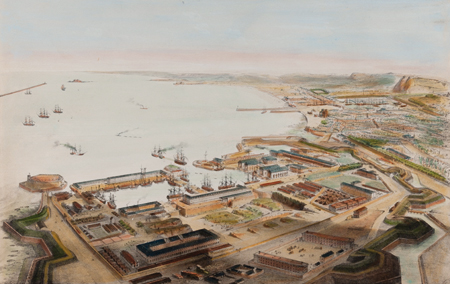 Cherbourg, vue prise au-dessus du port militaire ; Voyage aérien en France. Par Guesdon Alfred. Estampe du XIXe siècle. (© Musée Thomas Henry - Cherbourg)