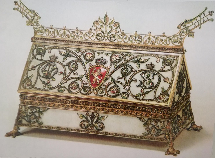 Coffret en marbre, argent doré, filigrané et émaillé. Torolf Prytz, pour la maison Jacob Tostrup à Christiana 1896-1897. Cadeau de la cour de Norvège au roi de Suède et la Norvège Oskar II. Un sommet 