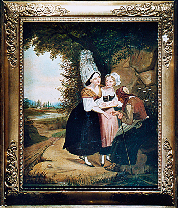 Rare tableau de Gueudeville présentant des costumes cauchois.?Il est daté de 1847 ; le cadre est d’origine. (Coll. Georges Bernage)