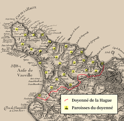 L’ancien doyenné de la Hague et ses paroisses. Carte du diocèse de Coutances par François de la Pointe, 1689. (© DAO Stéphane William Gondoin - DR)