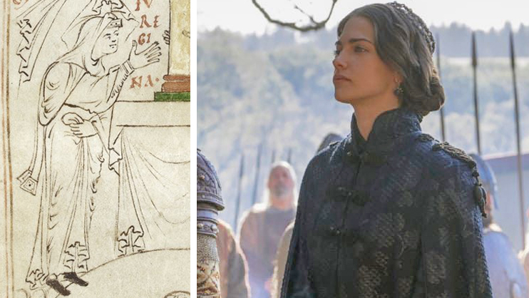 Représentation de Emma de Normandie. (© The British Library – www.bl.uk – Domaine public) ; La reine Emma de Normandie est incarnée par Laura Berlin dans la serie Vikings Valhalla. (© Netflix)