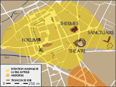 Plan schématique de la ville antique au Haut Empire, Ier aux IIIe siècles. (© PAO Érik Follain)
