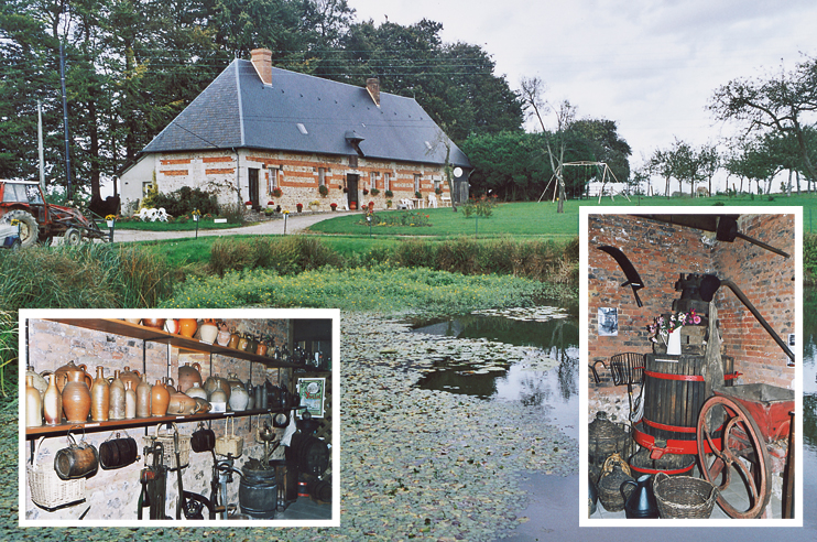 Ferme de Saint-Maclou-la-Brière (pays de Caux) où se trouve le musée du cidre. En bas à gauche : l’alignement des pichets en grès. En bas à droite : pressoir de l’ancien temps. (Photos Alexandre Vernon © Patrimoine Normand.)