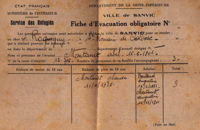 Fiche d'évacuation obligatoire de la ville de Sanvic (aujourd'hui quartier du nord du Havre) datée du 31 août 1944. (© Coll. Stéphane William Gondoin)