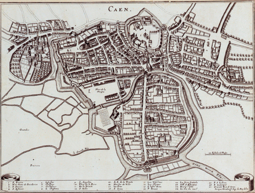 Le château et les fortifications urbaines au XVIIe siècle, plan de Gomboust, 1657. (© Document Musée de Normandie)