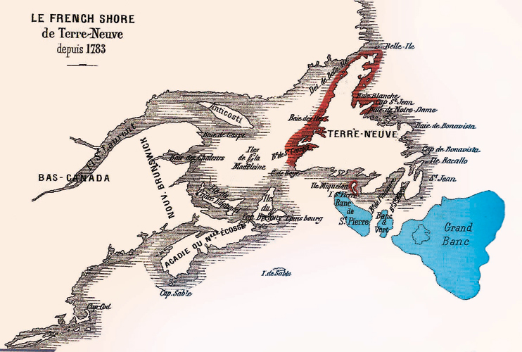 En bleu : zones de pêche à la morue. En rouge : le  french shore , zone de pêche française. ( Collection Musée de Fécamp)