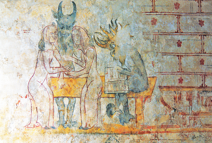 Église du Mesnil-Aubert - la fresque avec les démons et les deux femmes dite « des femmes paillarde ». (Photo Érik Groult © Patrimoine Normand.)