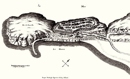 Gravure réalisée au XVIIe siècle par Tassin représentant la ville et la configuration particulière de Granville. (© Coll. Patrimoine Normand)