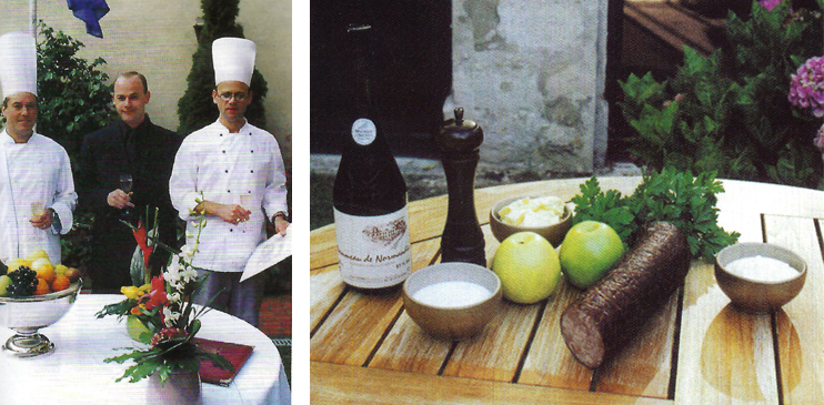 À gauche : Antony Lemond, directeur, aux côtés de Philippe Septiers et Éric Roussel chefs cuisiniers de l'Hôtel-Restaurant du Luxembourg à Bayeux. À droite : les produits frais pour la charlotte. (Photos Érik Groult © Patrimoine Normand.)