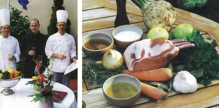 À gauche : Antony Lemond, directeur, aux côtés de Philippe Septiers et Éric Roussel chefs cuisiniers de l'Hôtel-Restaurant du Luxembourg à Bayeux. À droite : les produits frais pour le carré de porc. (Photos Érik Groult © Patrimoine Normand.)