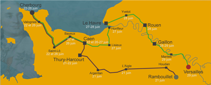 Itinéraire de Louis XVI lors de son voyage en Normandie (21-29 juin 1786). (© Patrimoine Normand).