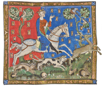 Jean sans Terre à la chasse. Piètre souverain d’Angleterre, duc de Normandie inconséquent, il privilégia les plaisirs de l’existence à ses devoirs. Liber legum antiquorum regum (Le livre des lois des anciens rois), Angleterre, Londres, vers 1321. (Cotton Claudius Ms D II, fol. 116 – © The British Library - Domaine public - www.bl.uk)