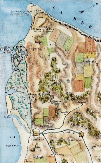 Le Havre et ses environs avant 1516, plan publié par F. De Coninck, op. cit. (Mis en couleur par F.G./coll. Patrimoine Normand.)