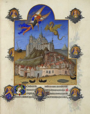 Le Mont Saint-Michel. Les Très riches heures du duc de Berry. XIVe (Les Très Riches Heures du duc de Berry, manuscrit conservé au musée Condé à Chantilly, sous la cote Ms. 65. Voir miniature Le Mont Saint-Michel dans La Fête de l'Archange, f.195 - DR).