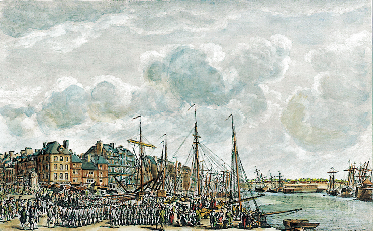 Le port et la ville du Havre. Vue de la place d’Armes, la Bourse, la Grande-Rue, à gauche, le quai, la Citadelle au fond à droite, et le chenal. (Musée de l’Ancien Havre.)