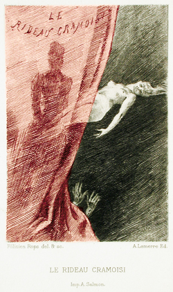 Le Rideau cramoisi. Gravure de Félicien Victor Joseph Rops (1833-1898) pour Les Diaboliques, Belgique, 1886. (© The Los Angeles County Museum of Art – Domaine public – https://collections.lacma.org)