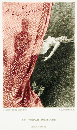 Le Rideau cramoisi. Gravure de Félicien Victor Joseph Rops (1833-1898) pour Les Diaboliques, Belgique, 1886. (© The Los Angeles County Museum of Art – Domaine public – https://collections.lacma.org)