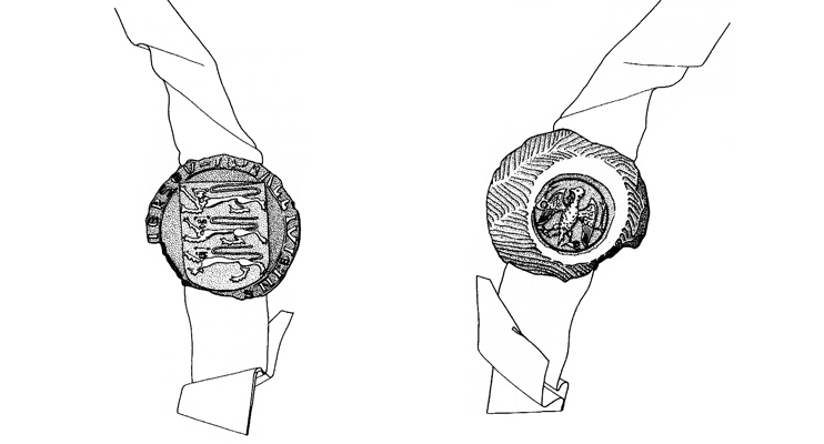 Le sceau de Thomas Lemprière, Bailli de Jersey de 1495 à 1513, avec les trois léopards, les armes de l’île, sur le revers, établies dès 1279 - d’après Balleine’s History of Jersey. (© Patrimoine Normand)