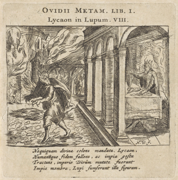 Dans Les métamorphoses, Ovide raconte comment Zeus-Jupiter changea Lycaon, roi de Lydie, en loup, pour avoir essayé de servir au dieu de la chair humaine à manger. Gravure de Nicolaes Cornelisz Witsen, d’après Virgilius Solis, 1659.  (© Rijksmuseum d’Amsterdam – Domaine public – www.rijksmuseum.nl)