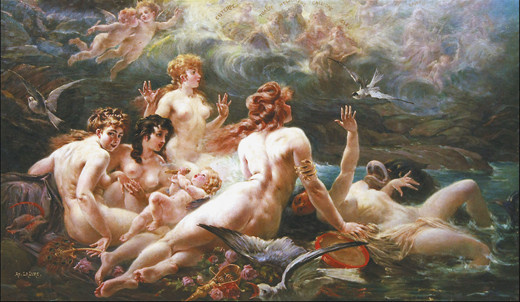 Les sirènes visitées par les muses, 1912, huile sur toile, musée d’art Thomas-Henry, Cherbourg-Octeville. La Lyre a recherché, ainsi qu’il l’écrivait, «?le modèle se rapprochant le plus de l’idéal, cette suprême perfection que le Créateur de temps en temps, pour nous conserver le type de la beauté pure, a pétri, un corps de femme qui est pour nous le chef d’oeuvre rêvé et le modèle divin. » (© Jean-Michel Enault)